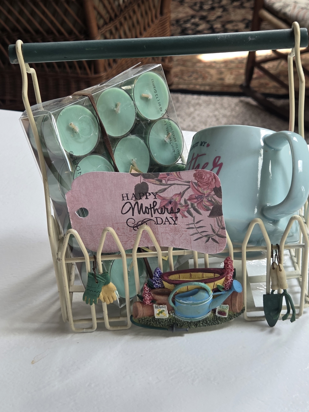 Mother's Day Wire Gift Basket Bundle with Candles and a Mug